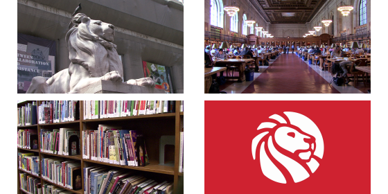 photomontage of New York Public Library's lion statue, the Rose Reading Room, a bookshelf, and logo