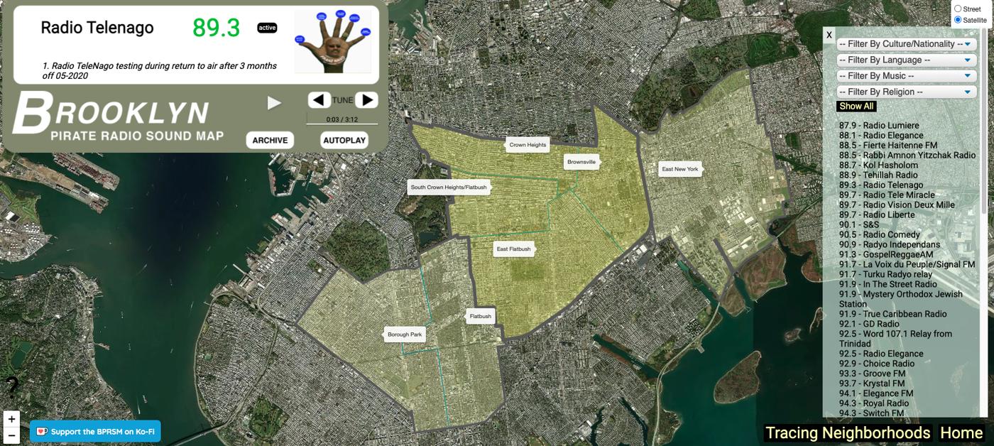 Screenshot of the Brooklyn Pirate Radio Sound Map playing Radio Telenago 89.3