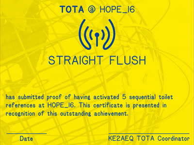 An example "Straight Flush" award with the text "has submitted proof of having activated 5 sequential toilet references at HOPE_16. This certificate is presented in recognition of this outstanding achivement."